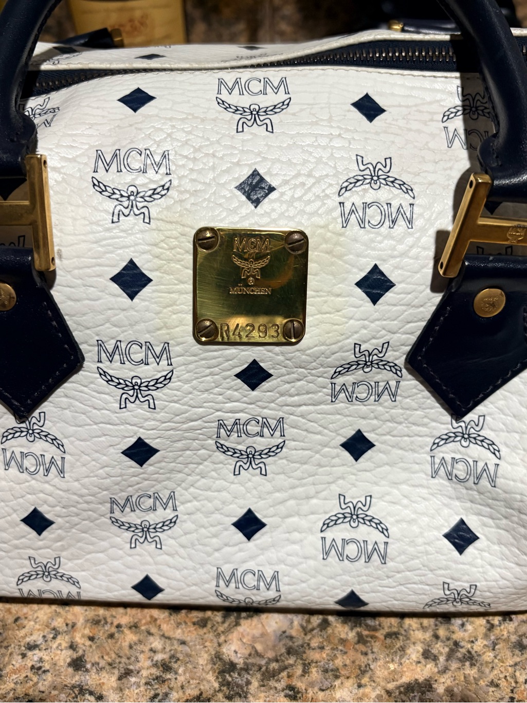 Mcm White Vintage Visetos Logo Tote With Navy Trim And Gold Hardware